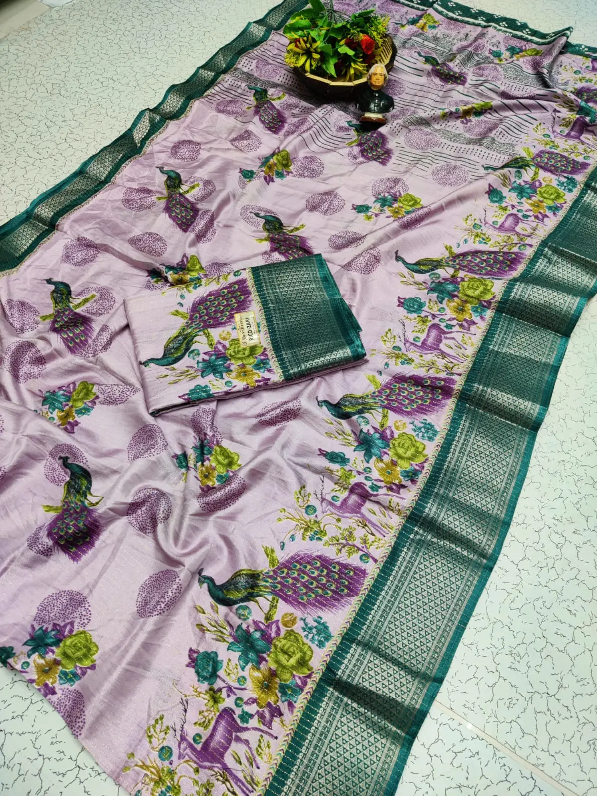 Peacock Garden Print Silver Zari Semi Silk Saree